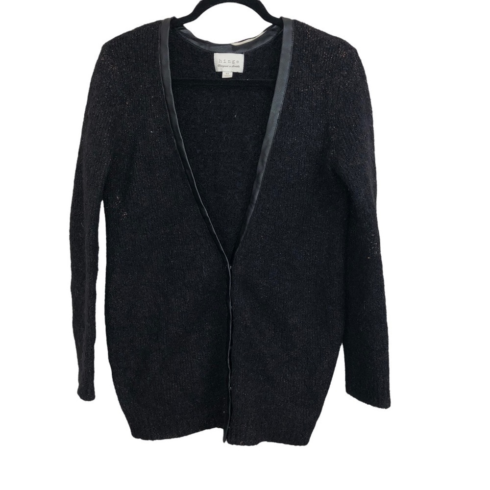 HINGE Womens Black Bronze Flecks Wool Alpaca Blend Faux Leather Trim Cardigan